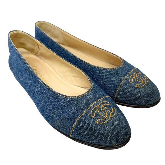 CHANEL Vintage 97P CC Mark Logo Denim Flat Shoes #36 Stitch  Blue Beige [105969] - Picture 1 of 11